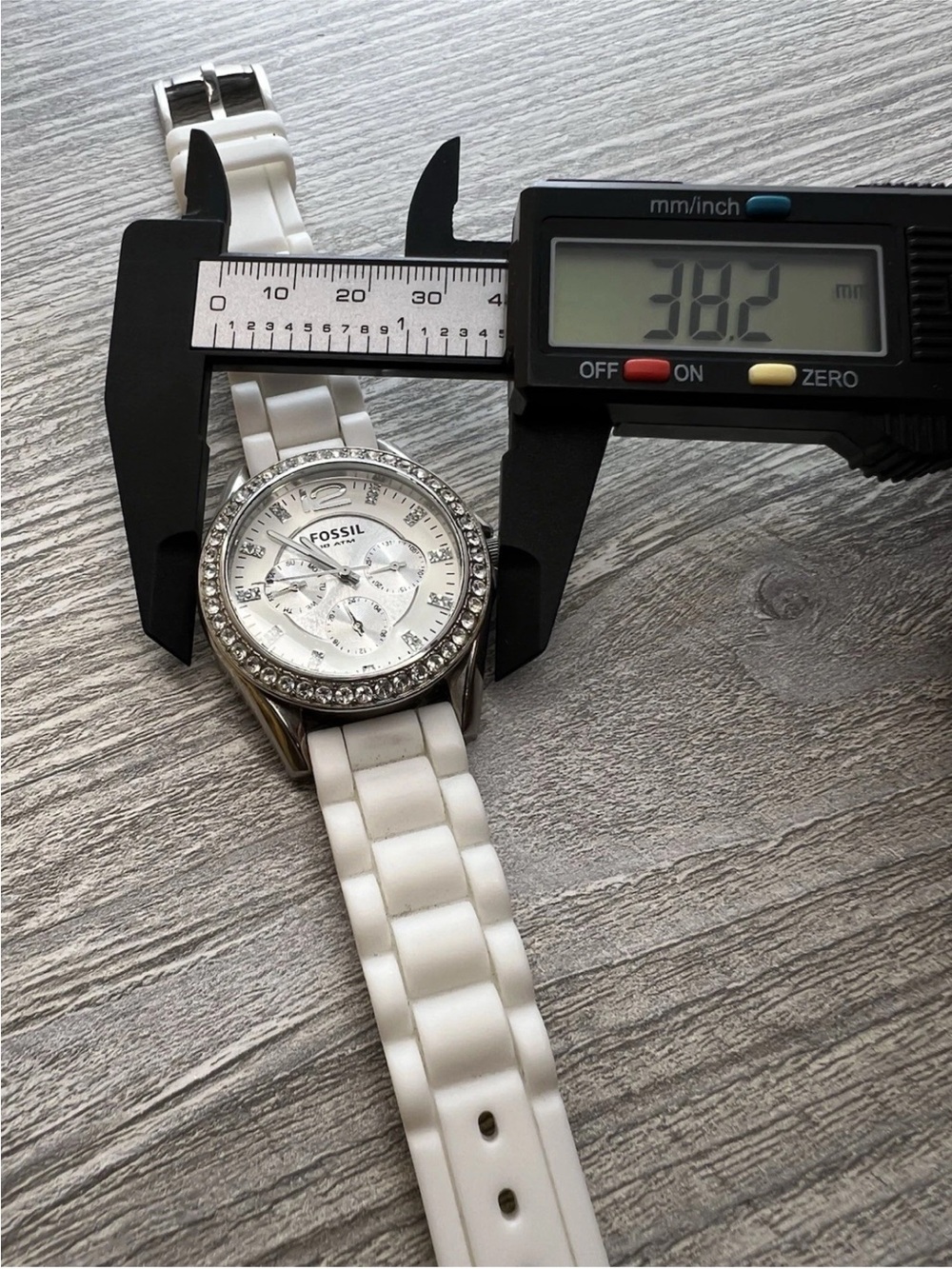 Fossil Silver Dial Watch with White Strap and Crystal Bezel - Picture 7 of 7
